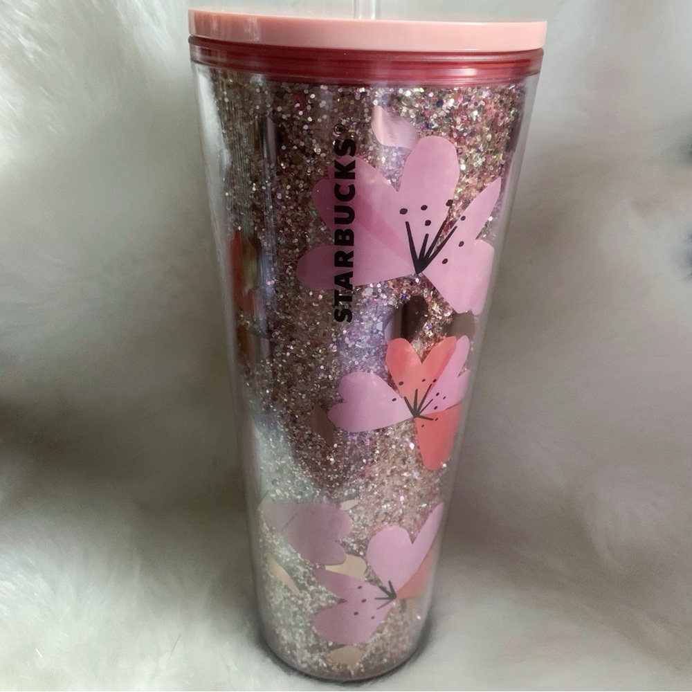 Starbucks 24oz Valentine Glittery Cherry Blossom Heart Tumbler Double Wall Cup
